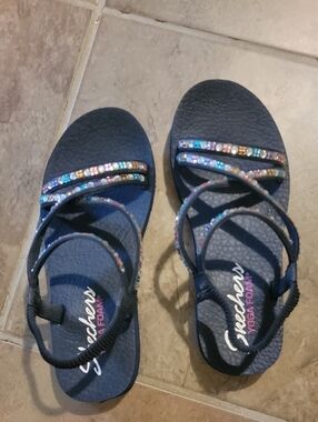 Skechers Black Strappy Sandals with Multicolor Bead Accents